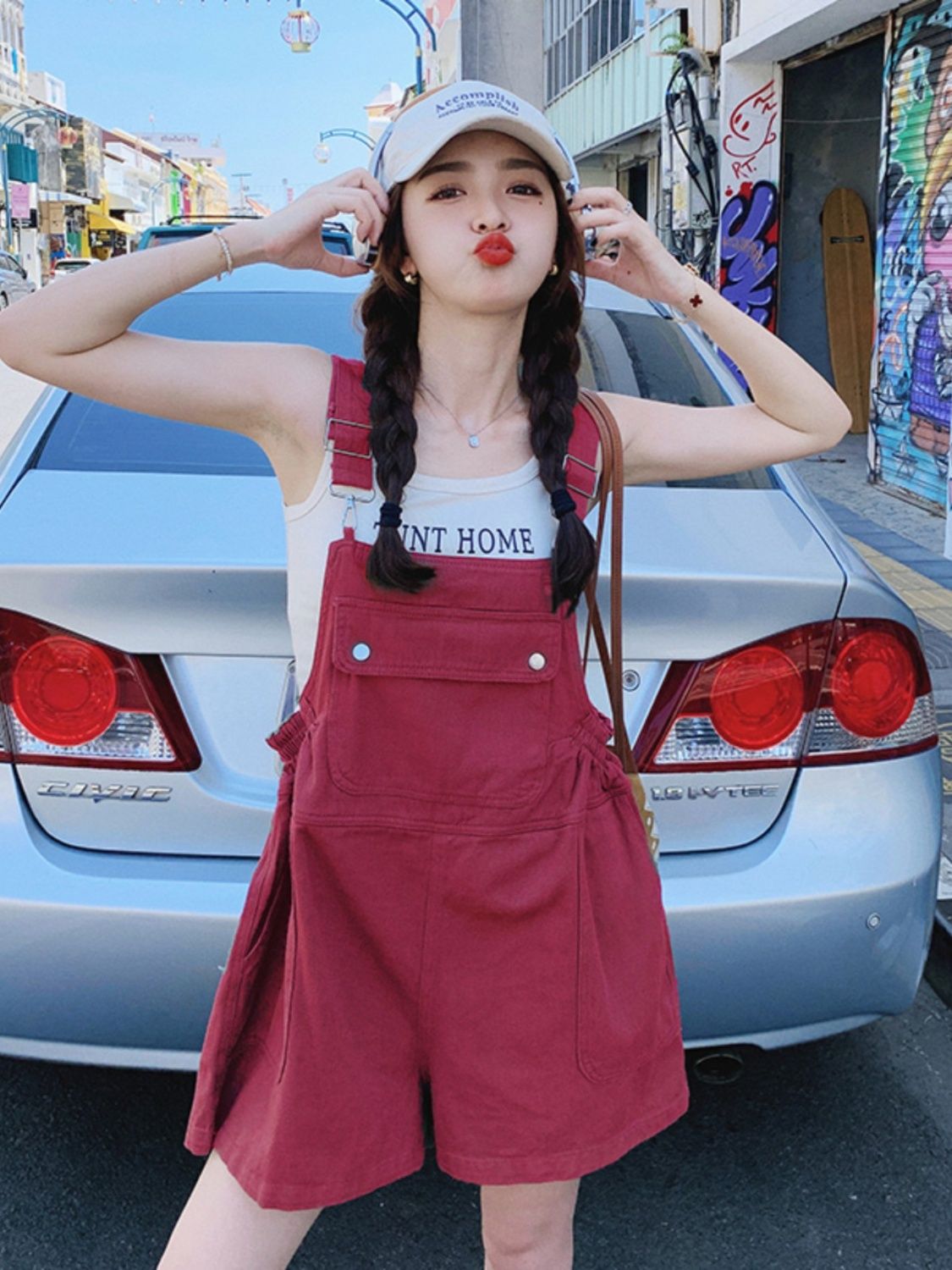 Pink casual loose overalls shorts for women  summer new Korean style small age-reducing straight wide-leg pants