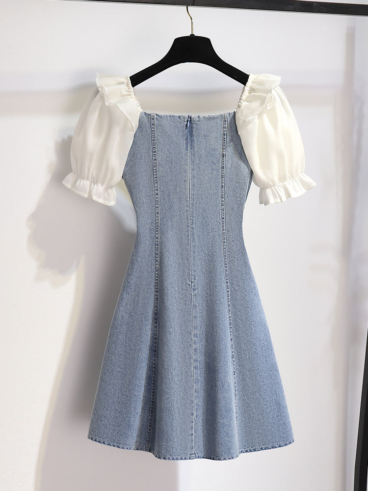 One-shoulder puff sleeve denim splicing dress women's summer  new waistline slim and small A-line skirt