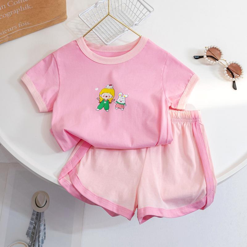 Girls summer new short-sleeved suit  summer dress cartoon print girls casual two-piece set baby girl fashionable