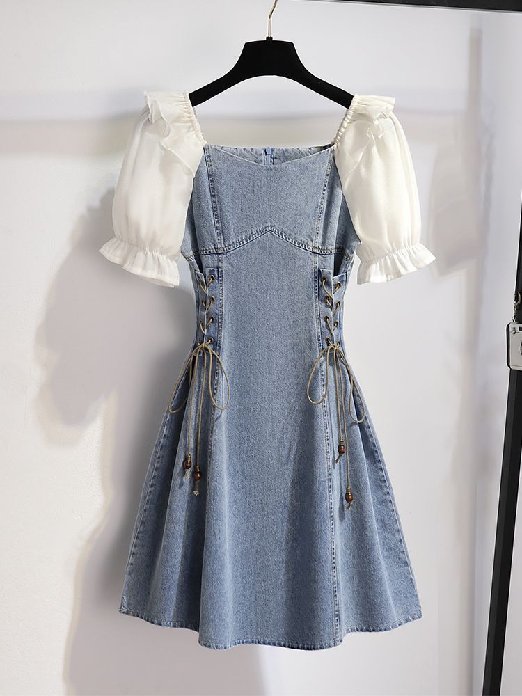 One-shoulder puff sleeve denim splicing dress women's summer  new waistline slim and small A-line skirt