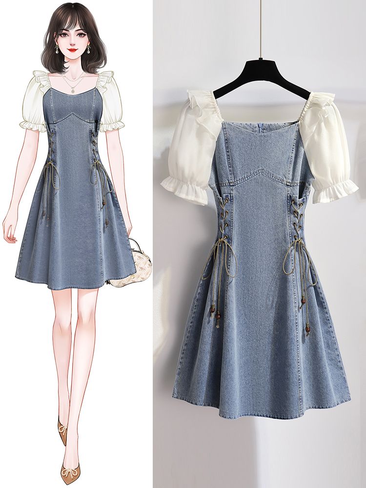 One-shoulder puff sleeve denim splicing dress women's summer  new waistline slim and small A-line skirt