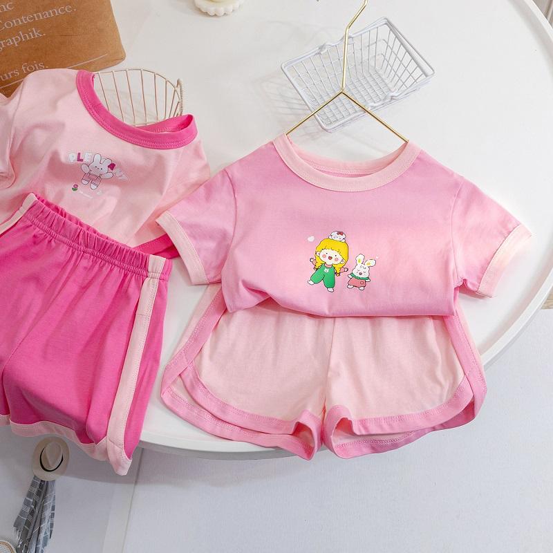 Girls summer new short-sleeved suit  summer dress cartoon print girls casual two-piece set baby girl fashionable