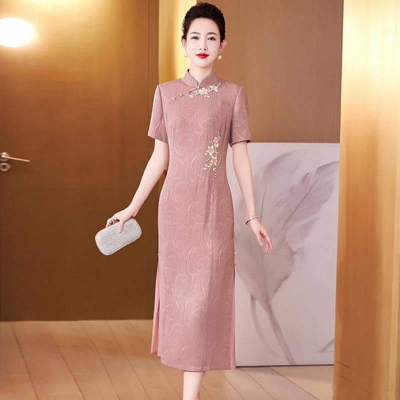 婚宴禮服媽媽裝2023年夏季新款旗袍連衣裙喜婆婆參加結婚高端時尚