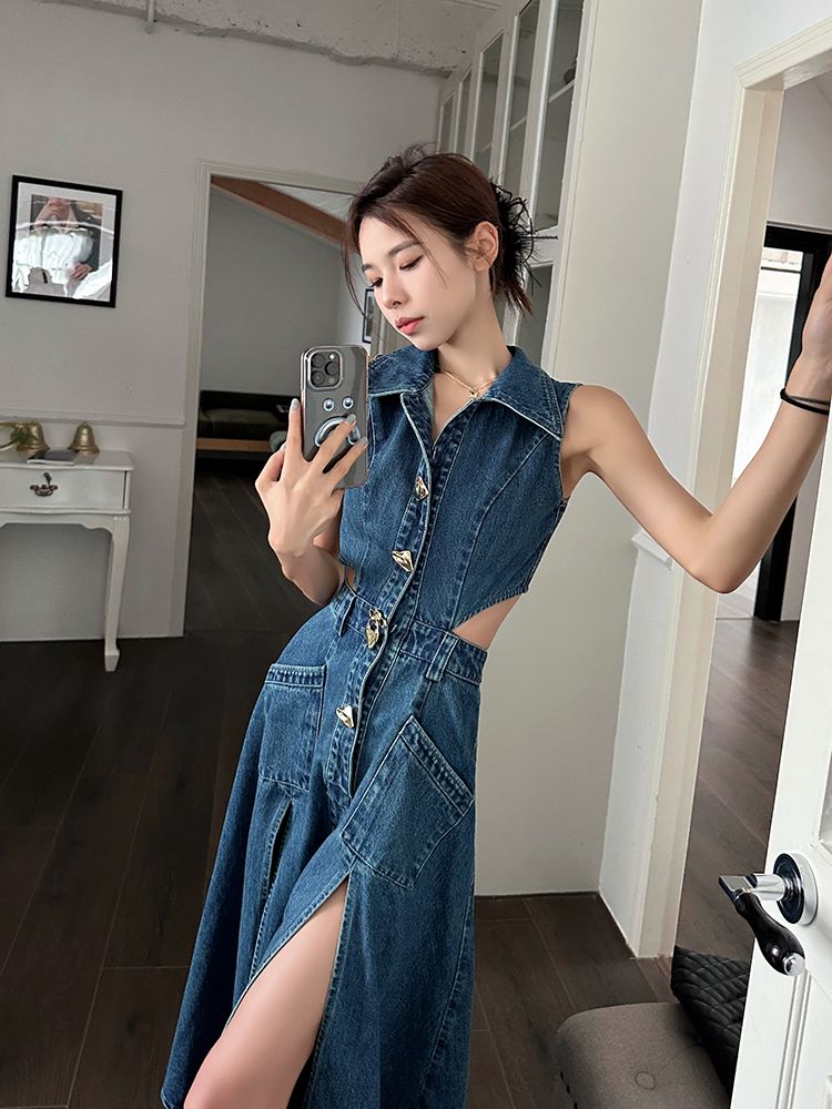 Denim blue hollow out waist dress women's  summer new style slim side waist slit temperament mid-length skirt