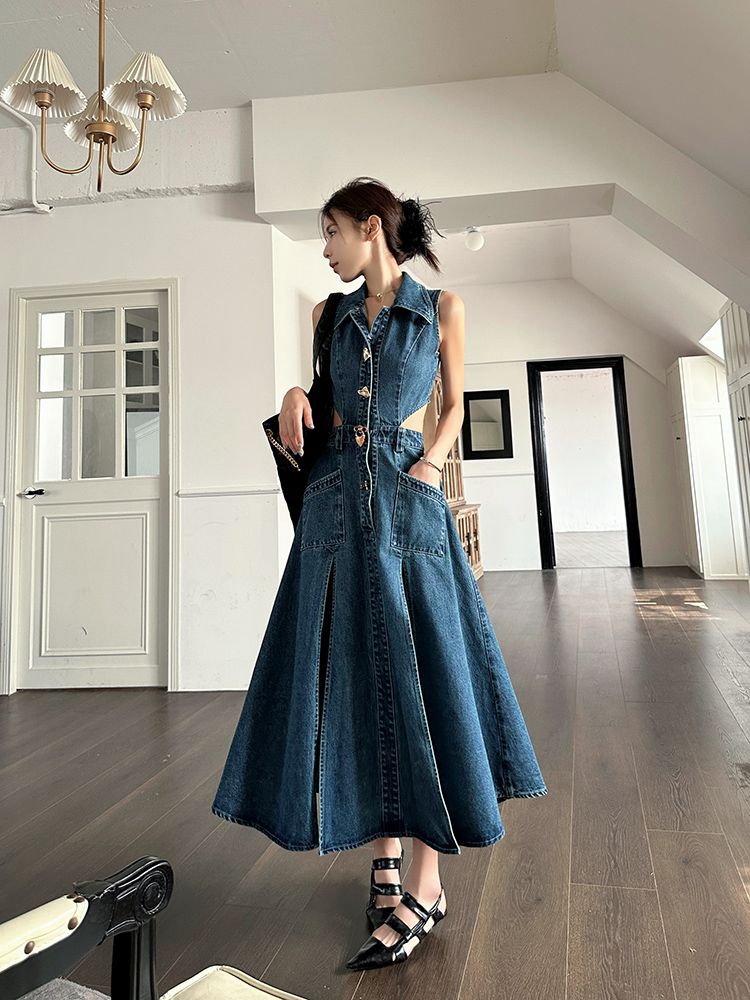 Denim blue hollow out waist dress women's  summer new style slim side waist slit temperament mid-length skirt