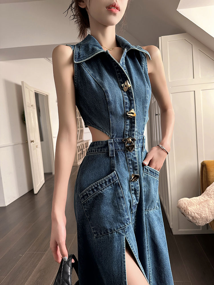 Denim blue hollow out waist dress women's  summer new style slim side waist slit temperament mid-length skirt