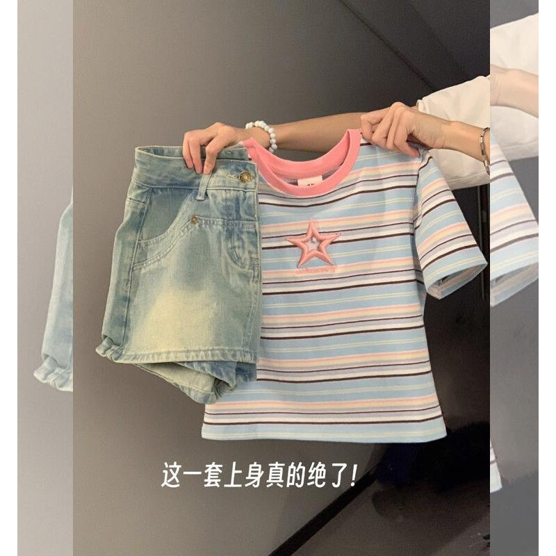 大碼女裝夏季套裝女2023新款時尚顯瘦短款上衣牛仔半身裙兩件套潮
