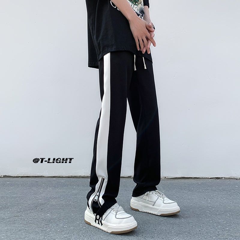 美式裤脚拉链运动裤男夏季高级感冰丝直筒裤子潮牌垂感休闲小西裤