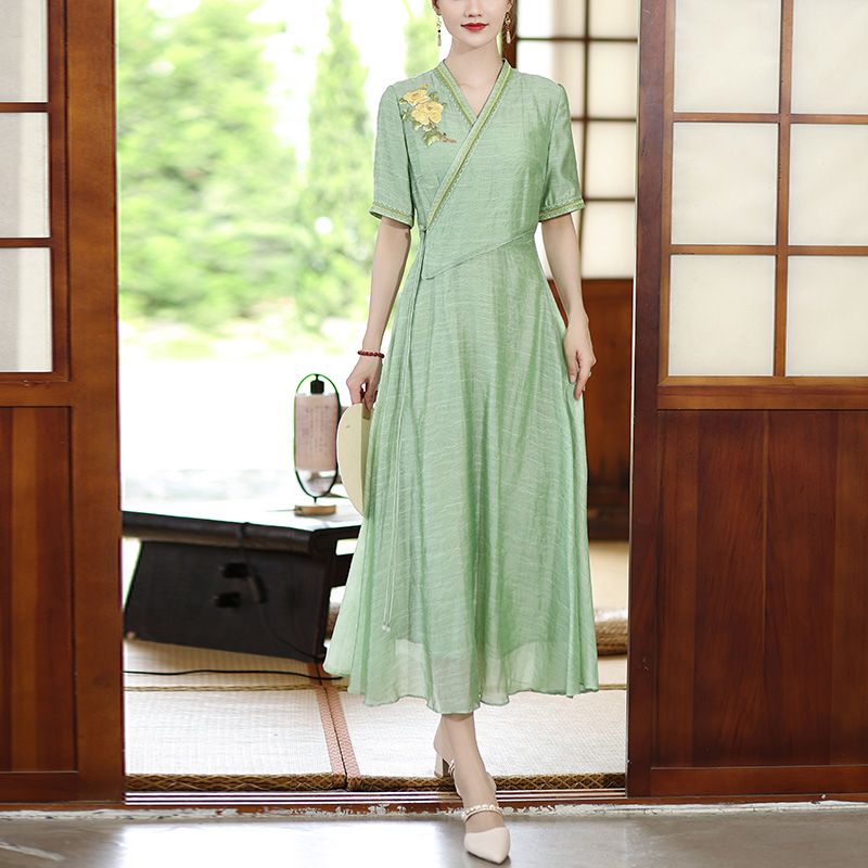 改良漢服女款中國風2023新款夏季短袖改良旗袍新中式復古連衣裙