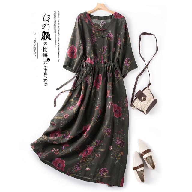 復古寬鬆碎花連衣裙女夏季新款洋氣減齡棉麻大擺印花裙子女夏季