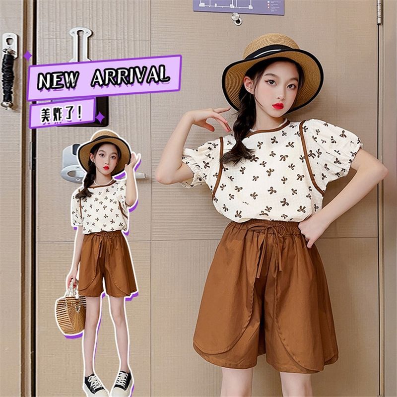Girls Suits Summer Clothes 2023 New Children's Fashion Lady's Style Small Floral Medium and Large Children's Short-Sleeved Girls Two-piece Set