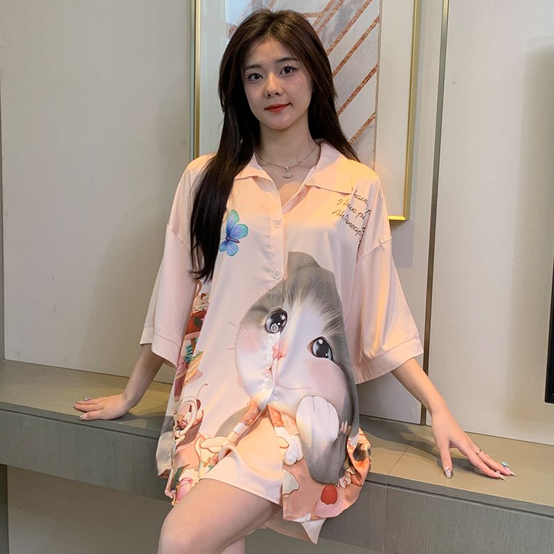 2023 New Summer Ice Silk Pajamas Set Loose Thin Sweet Cartoon Ladies Summer Homewear Set
