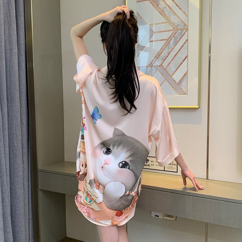  New Summer Ice Silk Pajamas Set Loose Thin Sweet Cartoon Ladies Summer Homewear Set