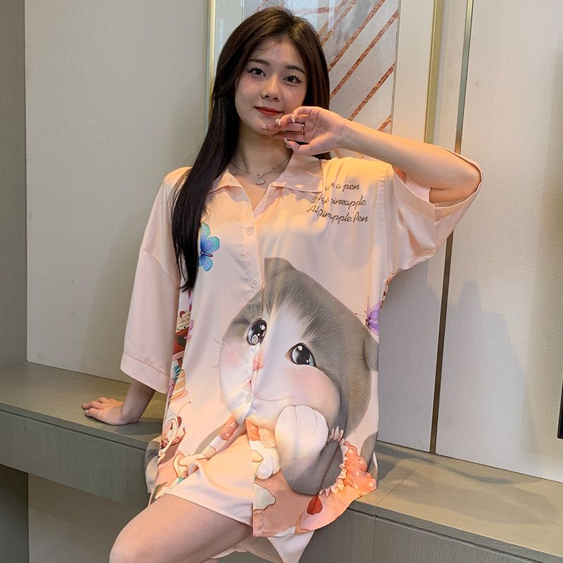  New Summer Ice Silk Pajamas Set Loose Thin Sweet Cartoon Ladies Summer Homewear Set