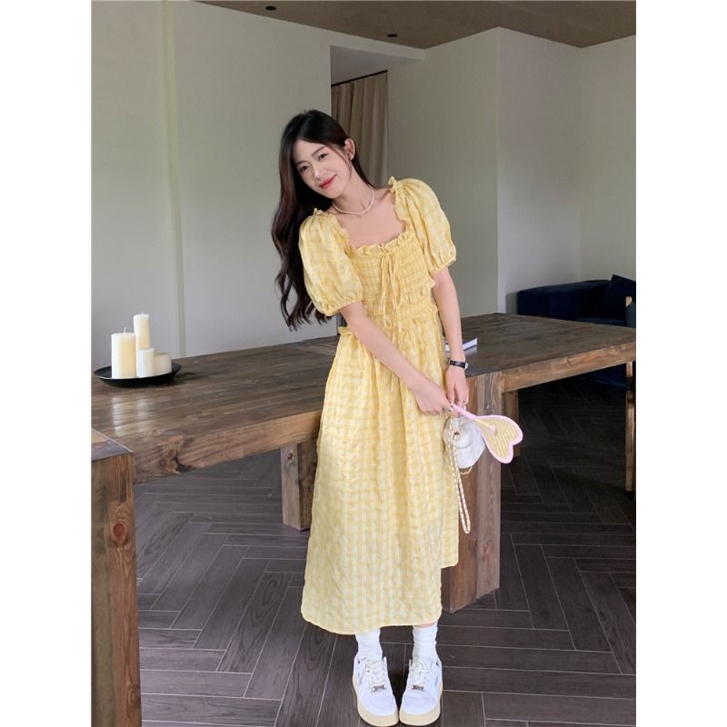 Retro French square collar yellow plaid dress women's summer  new age-reducing waist mid-length A-line skirt