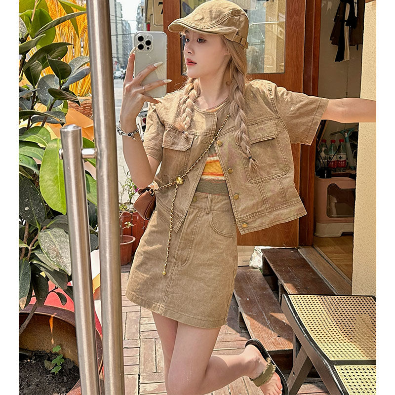 復古甜酷辣妹套裝設計感水洗做舊牛仔短袖上衣+短裙子單/兩件套裝