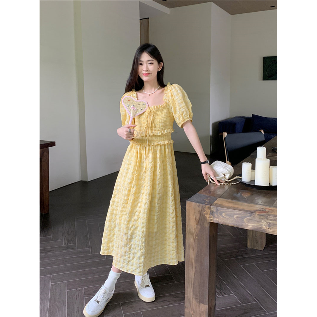 Retro French square collar yellow plaid dress women's summer  new age-reducing waist mid-length A-line skirt