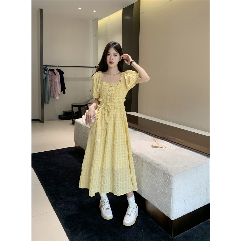 Retro French square collar yellow plaid dress women's summer  new age-reducing waist mid-length A-line skirt