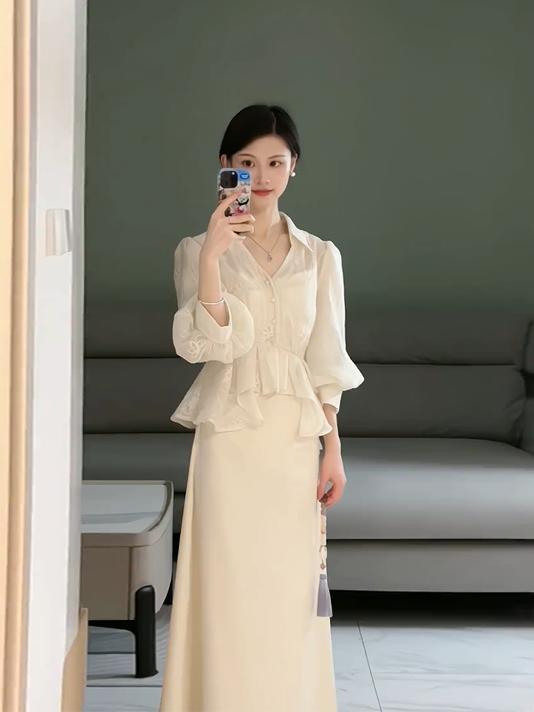 法式吊帶連衣裙子仙女超仙森系襯衫套裝2023新款女夏季小香風套裝