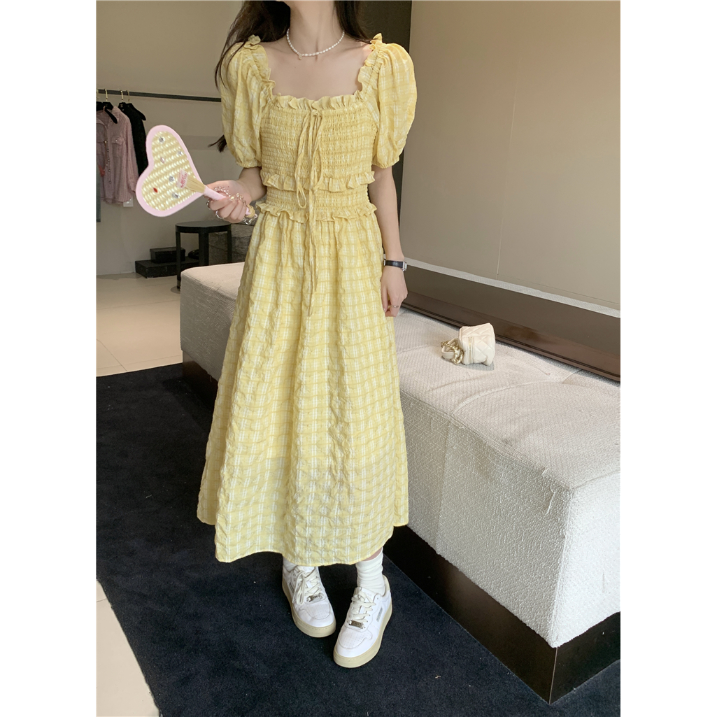 Retro French square collar yellow plaid dress women's summer  new age-reducing waist mid-length A-line skirt