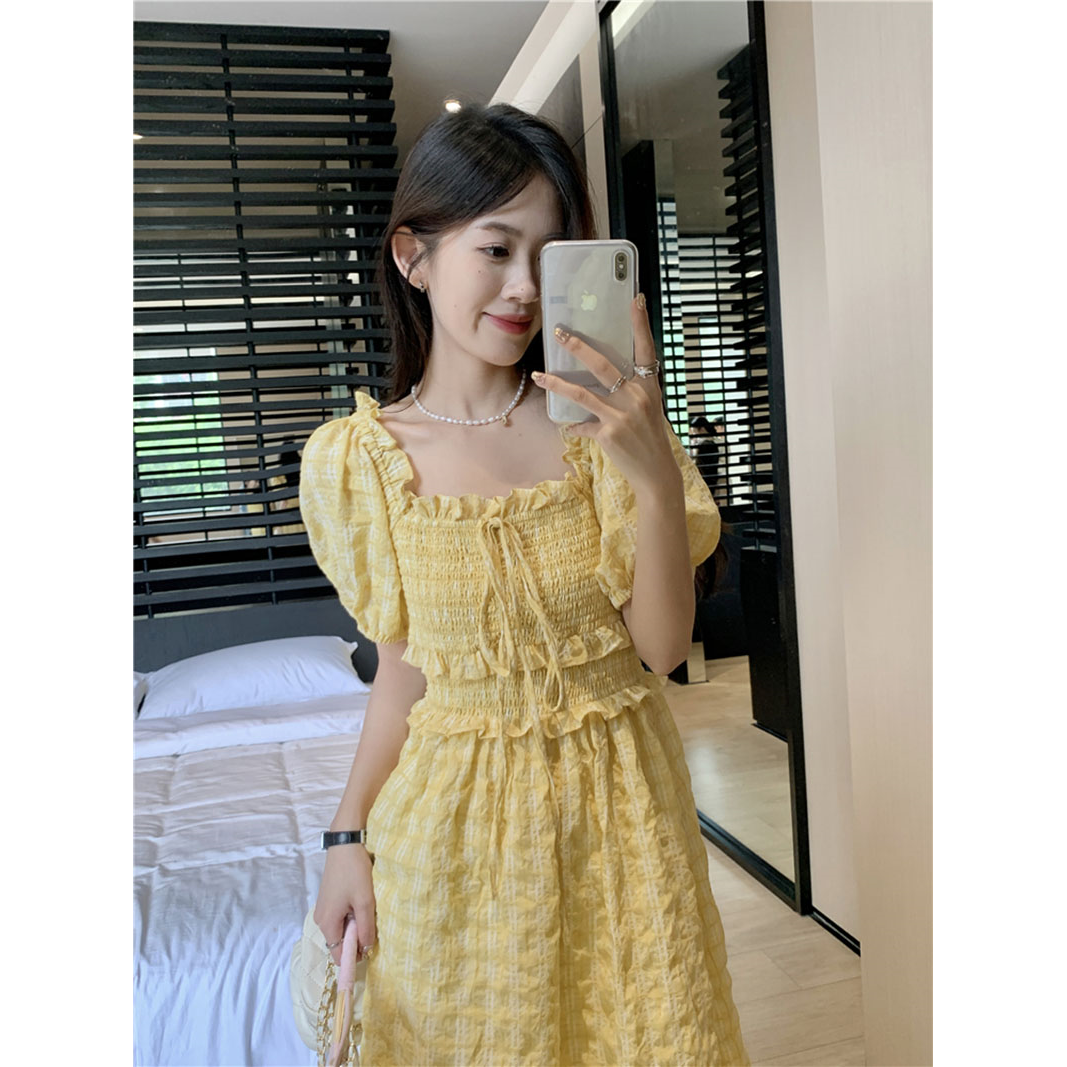 Retro French square collar yellow plaid dress women's summer  new age-reducing waist mid-length A-line skirt