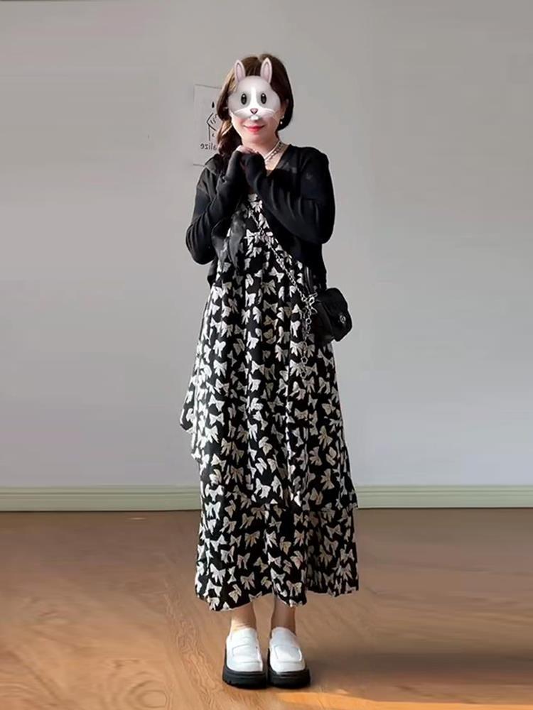 大碼女裝胖mm法式連衣裙女開衫套裝氣質裙子兩件套套裝顯瘦吊帶裙