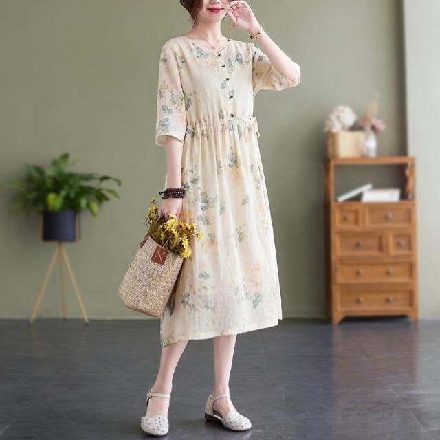 五分袖印花棉麻連衣裙女夏季新款收腰寬鬆休閒顯瘦媽媽裝中長裙子