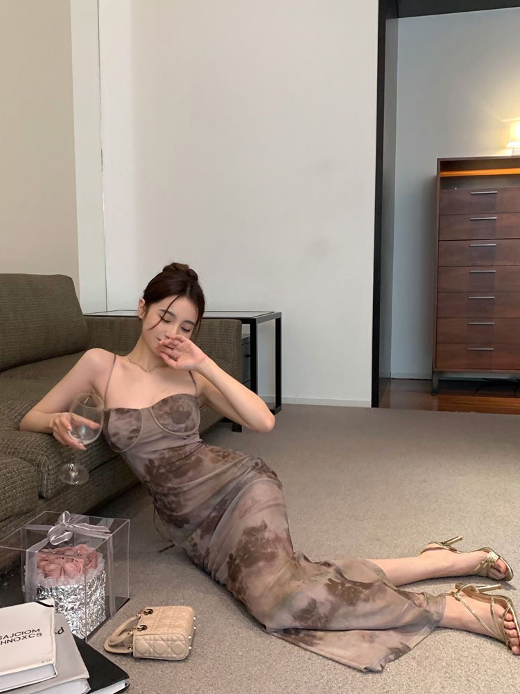 性感扎染吊帶連衣裙女夏季辣妹綁帶開叉包臀長裙修身顯瘦魚尾裙子