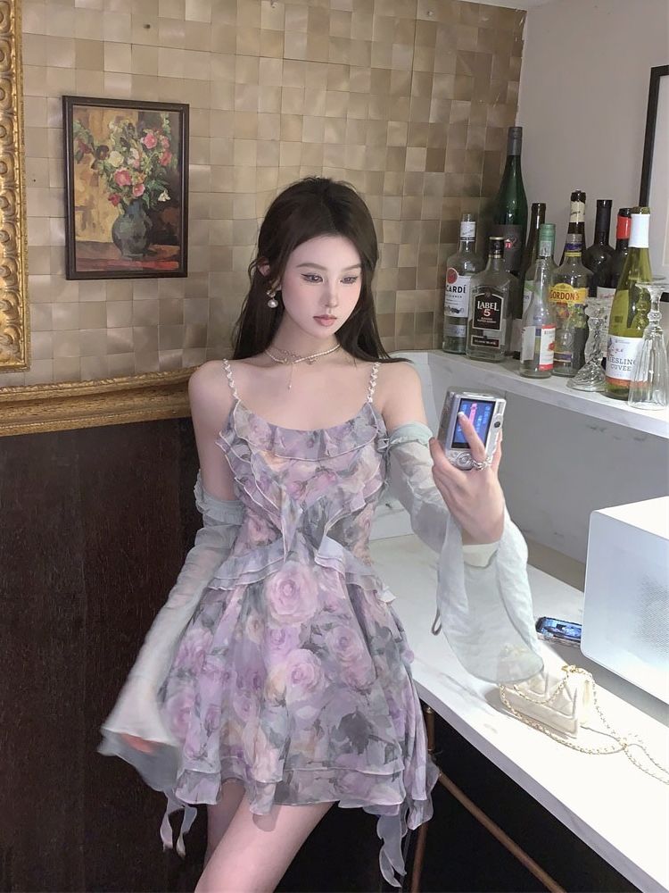 Summer new temperament sexy niche floral skirt French irregular small high-end waist dress