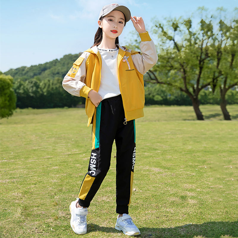 卓詩尼女童2023春季新款時尚套裝休閒運動拼色卡通兒童兩件套潮流
