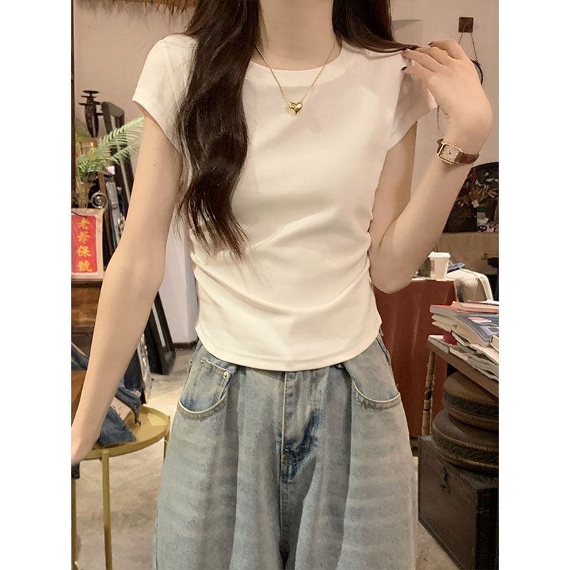 [Positive shoulder pure cotton] pure desire short-sleeved t-shirt women's summer waist slimming arc hem short slim top ins