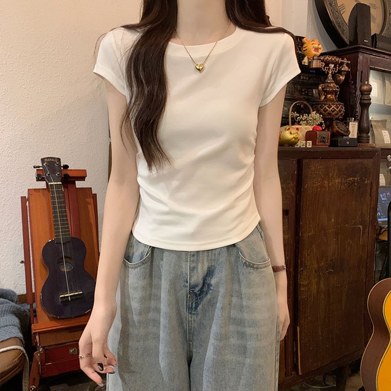 [Positive shoulder pure cotton] pure desire short-sleeved t-shirt women's summer waist slimming arc hem short slim top ins
