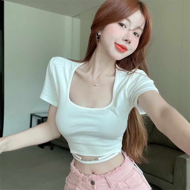[Positive shoulder pure cotton] pure desire sweet hot girl sexy navel exposed short square collar top design sense short-sleeved t-shirt female summer
