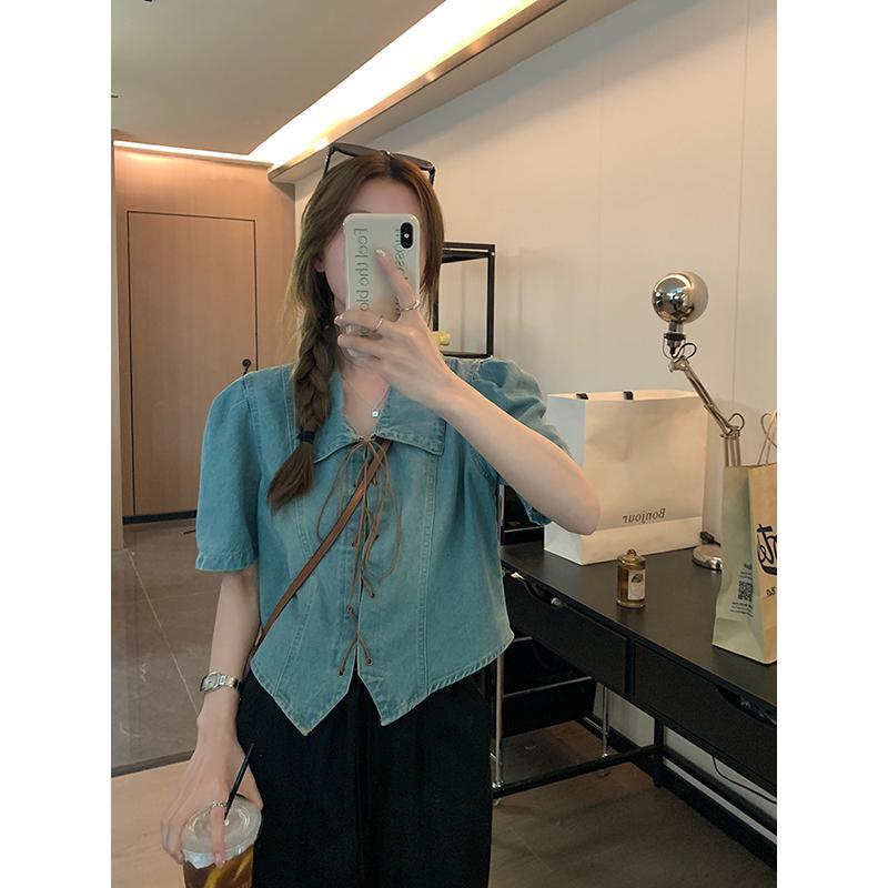 夏季復古藍泡泡袖綁帶牛仔襯衫女設計感polo領小個子甜酷短款上衣