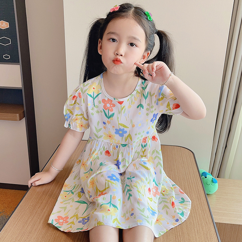 過膝連衣裙女童睡裙夏季棉綢短袖薄款兒童睡衣夏款小女孩親子大童