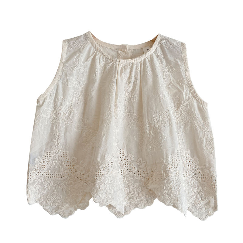  Summer Korean Style Girls Embroidered Vest Top Girls Pure Cotton Retro Embroidered Babydoll Shirt Korean Style Children's Fashion