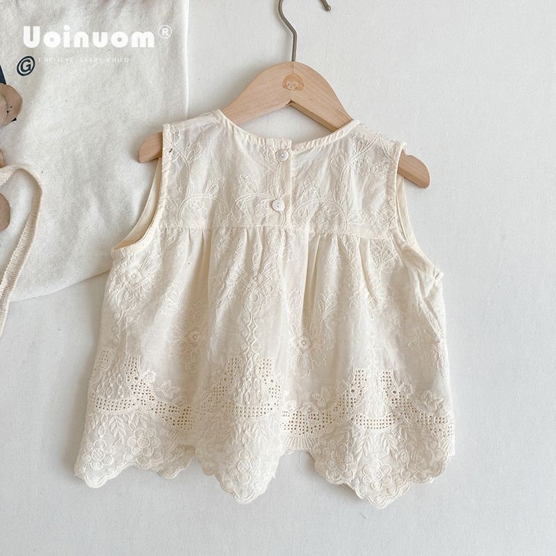  Summer Korean Style Girls Embroidered Vest Top Girls Pure Cotton Retro Embroidered Babydoll Shirt Korean Style Children's Fashion