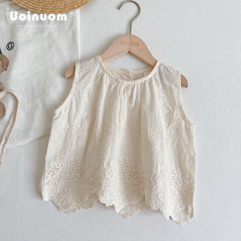  Summer Korean Style Girls Embroidered Vest Top Girls Pure Cotton Retro Embroidered Babydoll Shirt Korean Style Children's Fashion