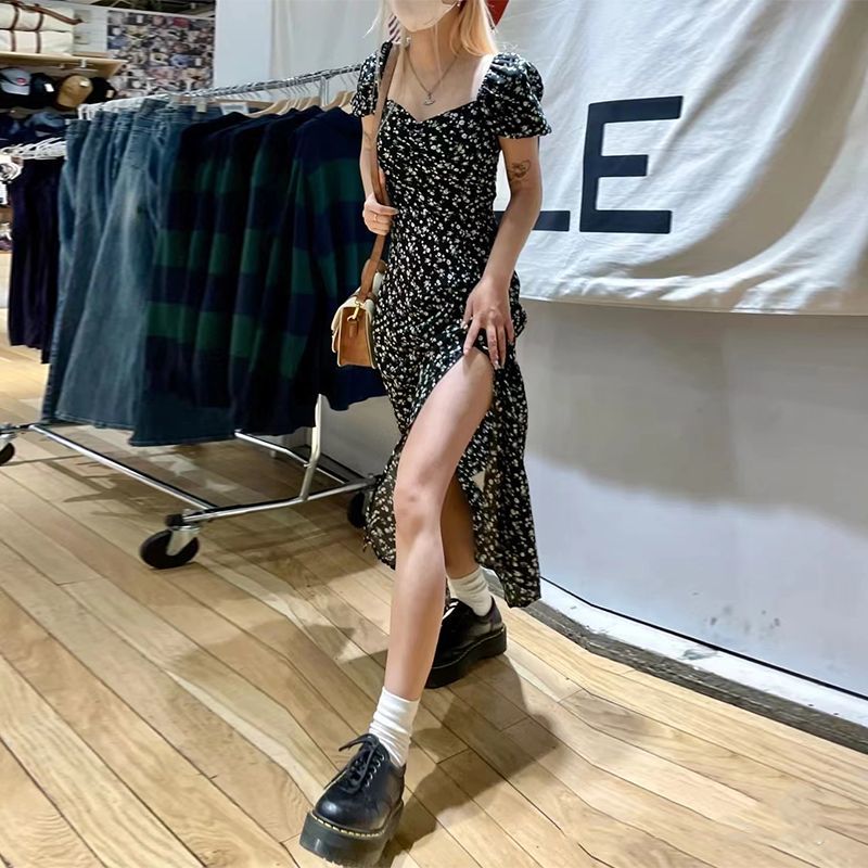 Tea break floral 9805 women's summer 2022 new style French square collar black design waist slit long skirt