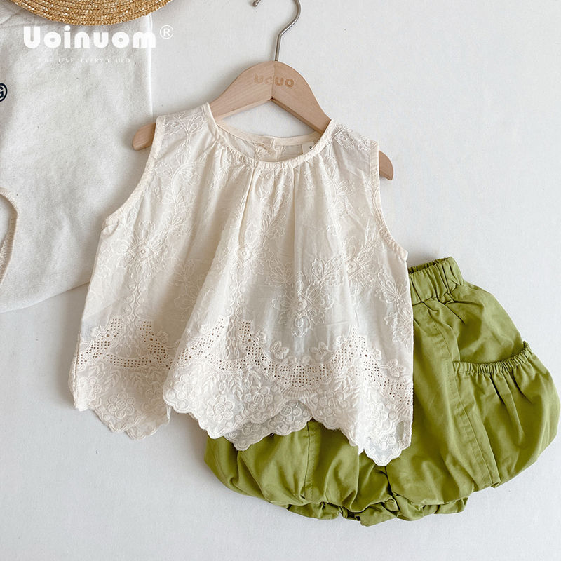 2023 Summer Korean Style Girls Embroidered Vest Top Girls Pure Cotton Retro Embroidered Babydoll Shirt Korean Style Children's Fashion