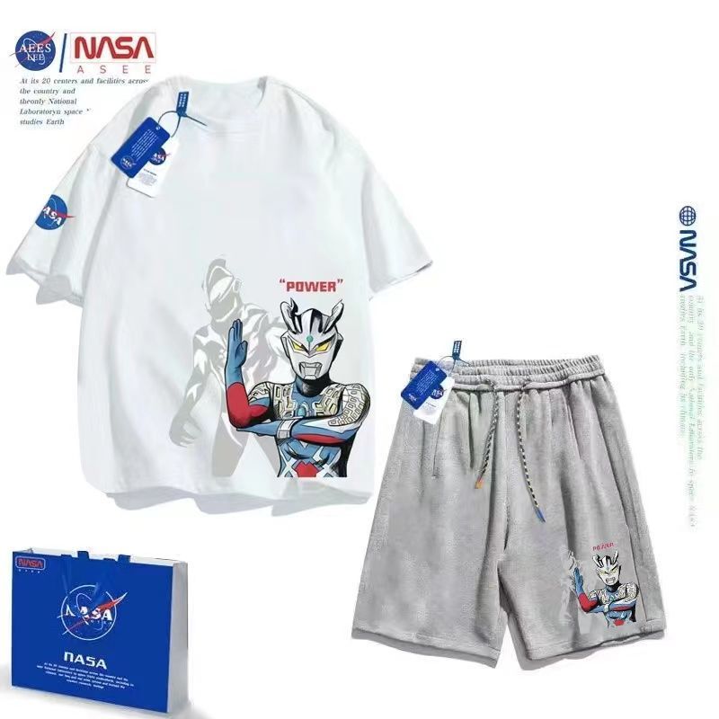 NASA联名童装奥特曼卡通套装夏季纯棉短袖T恤短裤洋气儿童两件套
