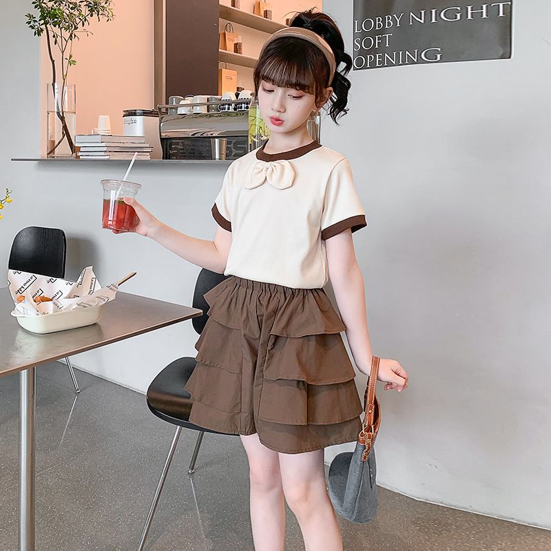 Internet celebrity girls summer suit  new style foreign-style short-sleeved children's suit two-piece set girls summer clothes big children's clothes