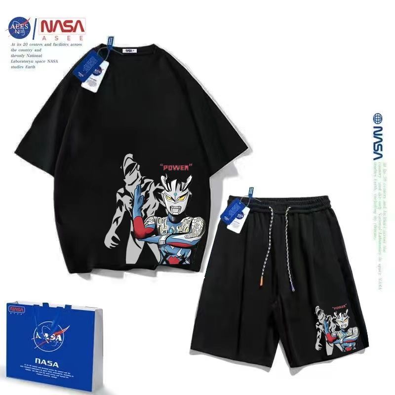 NASA联名童装奥特曼卡通套装夏季纯棉短袖T恤短裤洋气儿童两件套