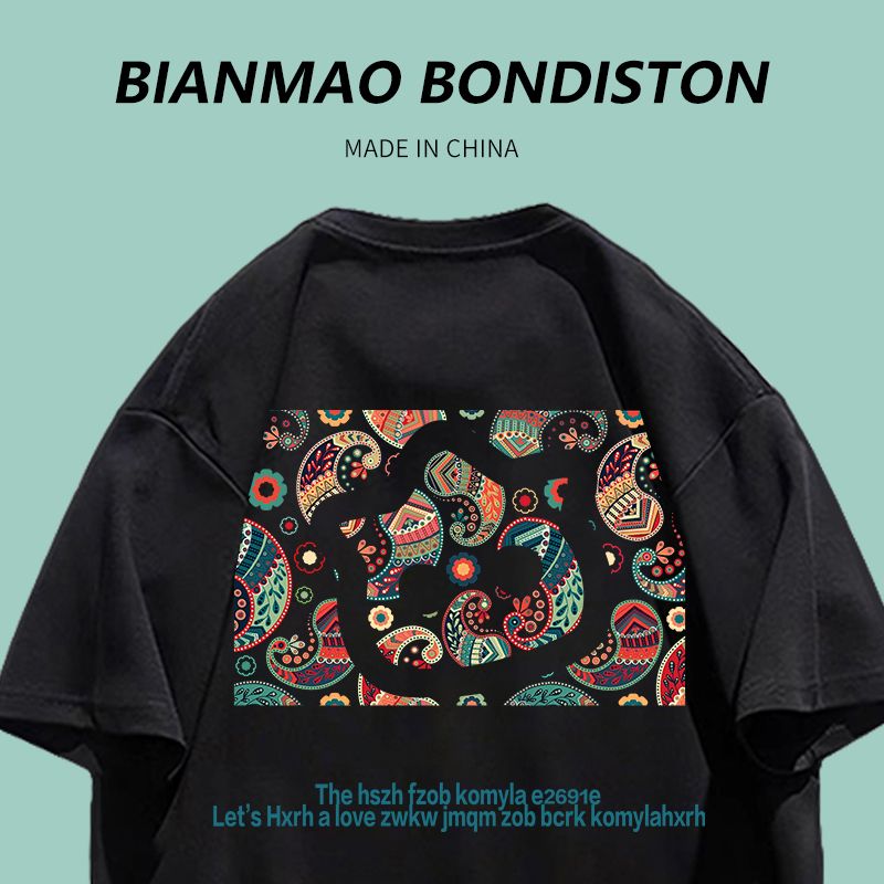 Korean retro ethnic style vintage girlfriends wear summer cotton couple outfit black short-sleeved T-shirt top tide