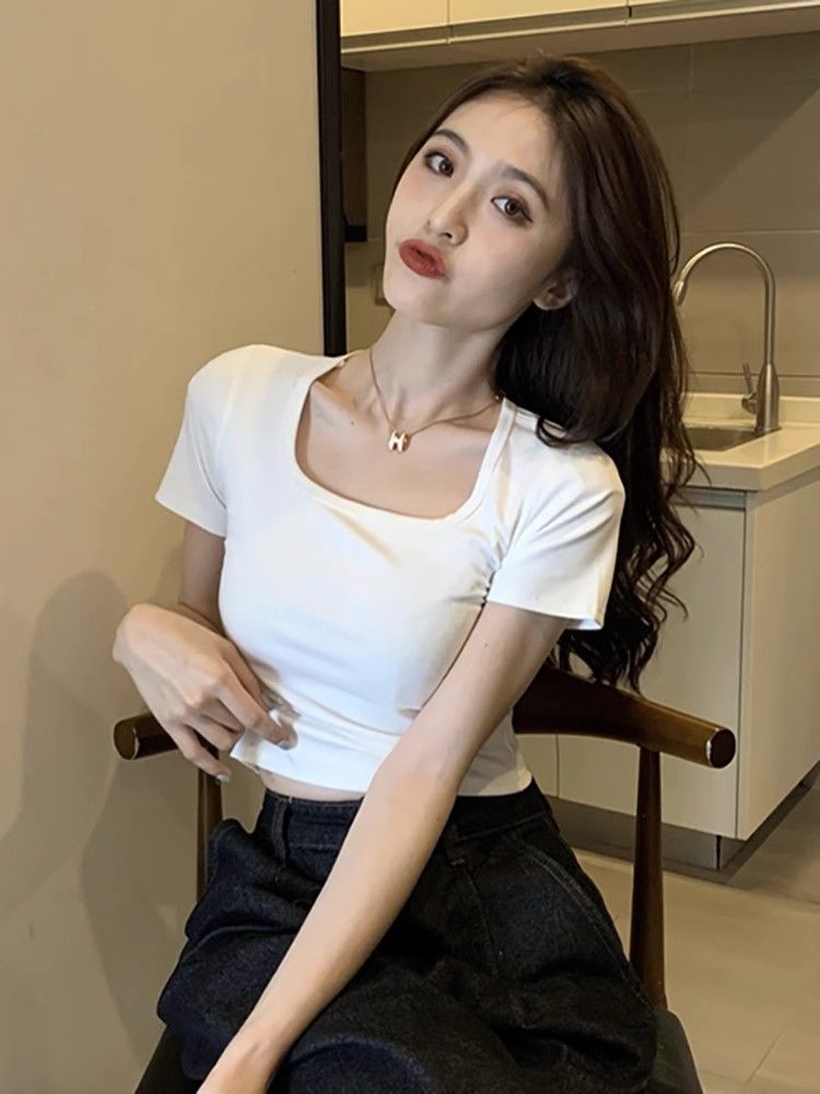 [Positive shoulder pure cotton] square collar short-sleeved T-shirt summer self-cultivation slimming navel short section careful machine bottoming top women