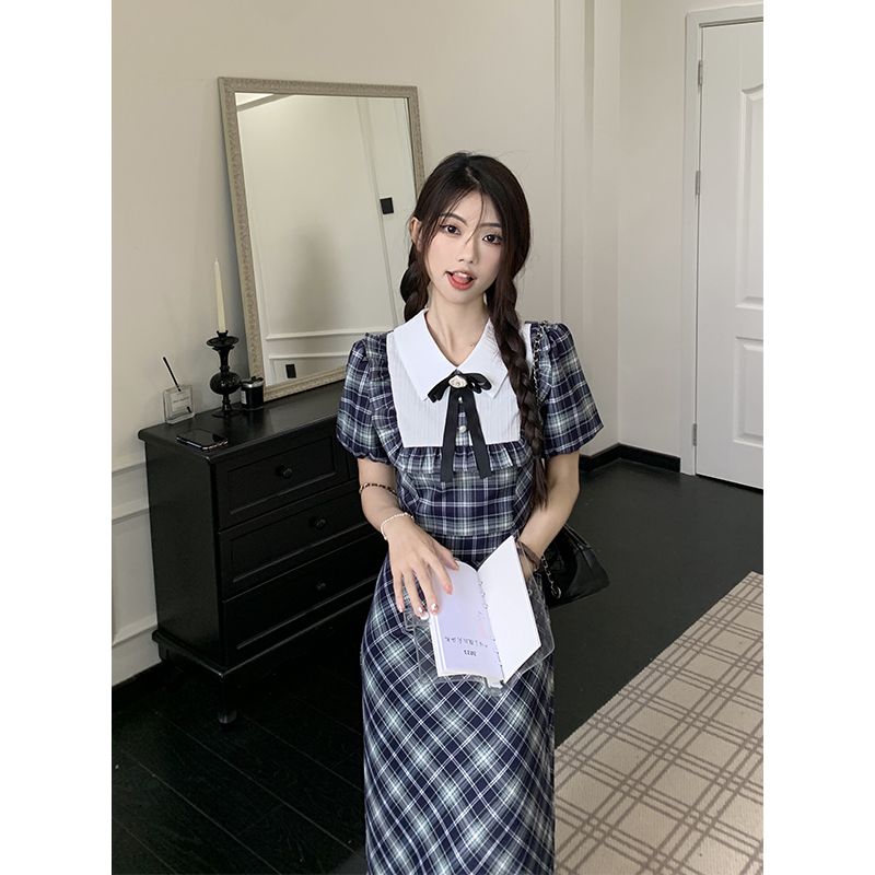 學院風格子連衣裙女夏季新款收腰顯瘦設計感拼接撞色蝴蝶結長裙子