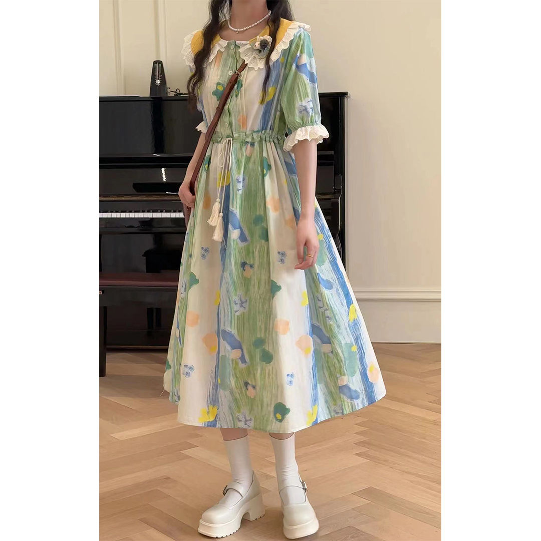 2023 summer oil painting printing drawstring waist doll collar short-sleeved dress lotus leaf lace sweet and lovely female skirt