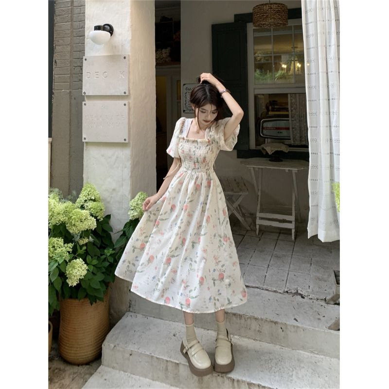 Small fresh floral tea break square collar dress women's summer 2023 new forest pleated waist mid-length skirt
