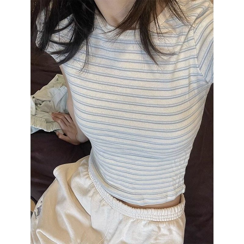 [Positive shoulder pure cotton] hot girl striped t-shirt women's short-sleeved summer self-cultivation design sense chic and thin short top