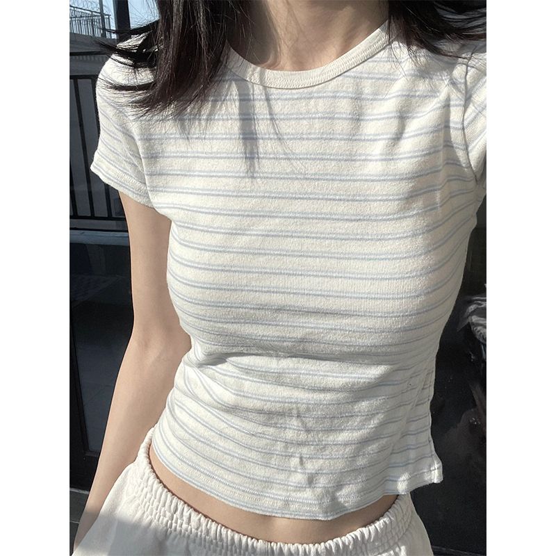 [Positive shoulder pure cotton] hot girl striped t-shirt women's short-sleeved summer self-cultivation design sense chic and thin short top